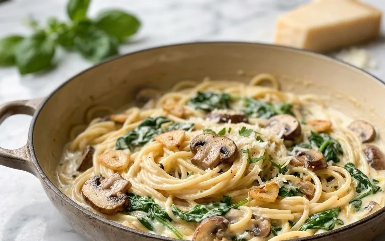 One-Pot Garlic Parmesan Pasta with Spinach and Mushrooms