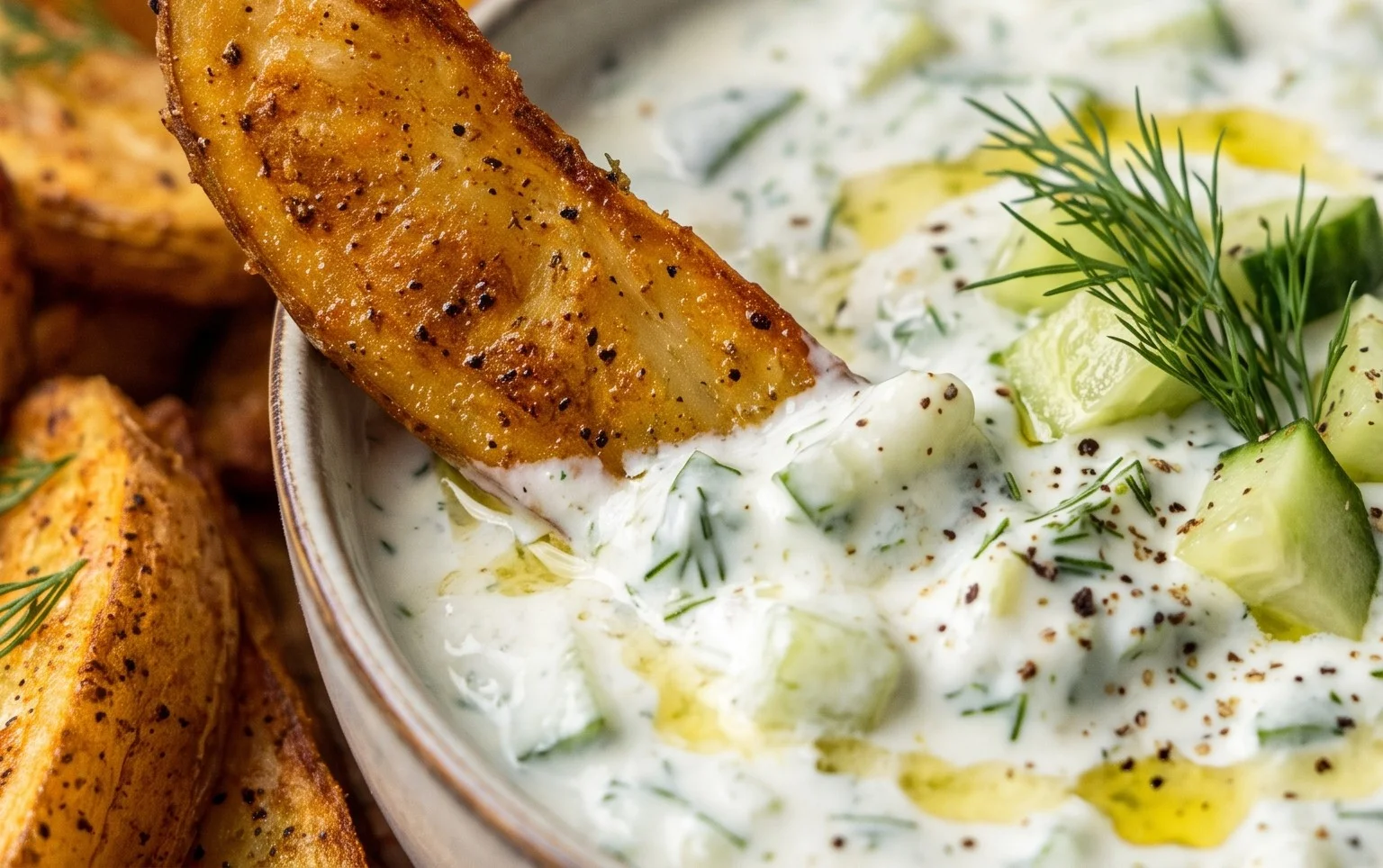 Kartoffelspalten mit Gurkendip