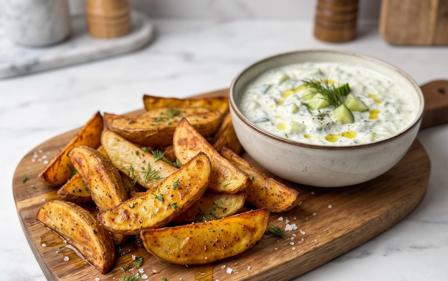 Kartoffelspalten mit Gurkendip