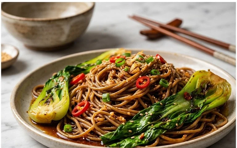 Spicy Garlic Soba Noodles with Bok Choy