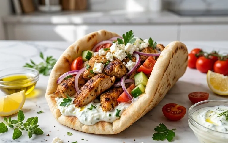 Mediterranes Hähnchen-Gyros mit Feta-Tzatziki genießen!