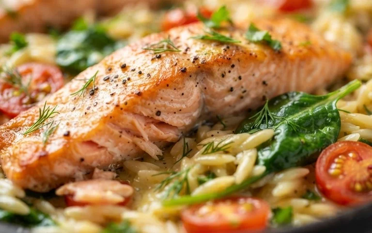 One Skillet Salmon with Lemon Orzo