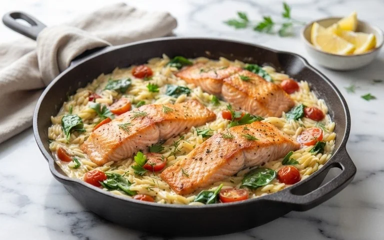 One Skillet Salmon with Lemon Orzo