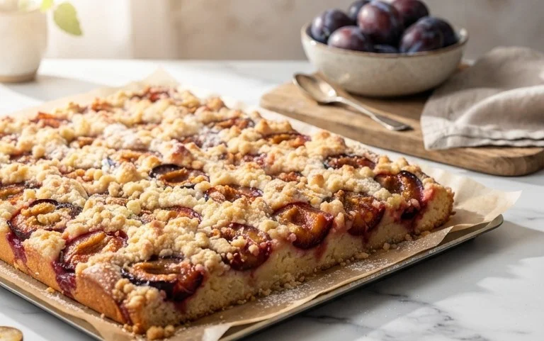 Pflaumenkuchen mit Streusel vom Blech (Quark-Öl-Teig)