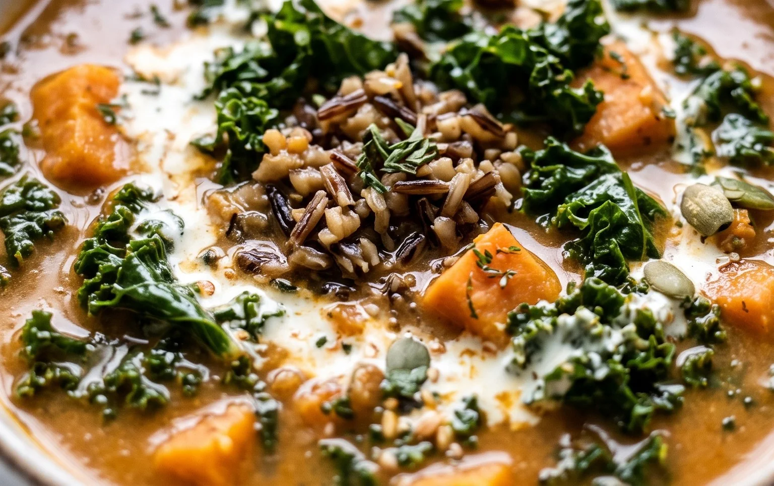 Creamy Sweet Potato, Kale and Wild Rice Soup