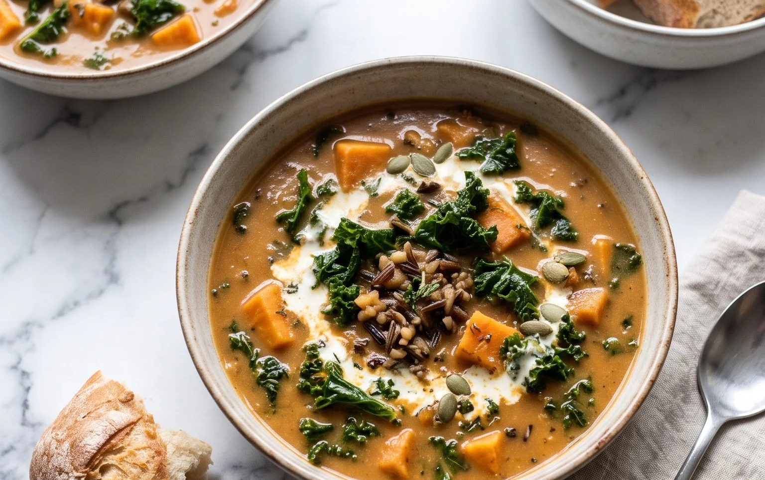 Cremige Süßkartoffel, Grünkohl & Wildreis Suppe