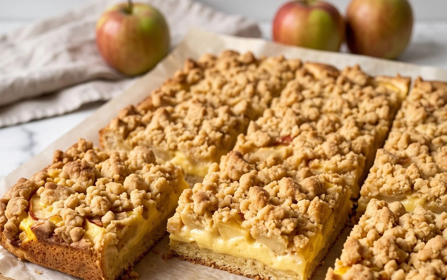 Apfelkuchen vom Blech mit Pudding & Streusel