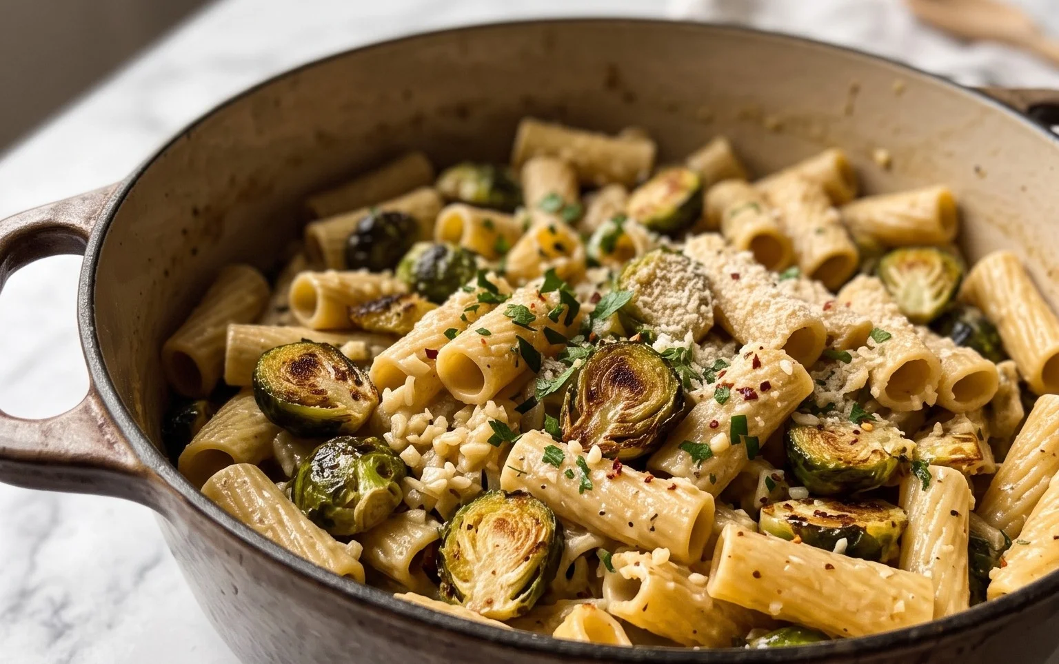 Vegane One Pot Pasta mit Rosenkohl